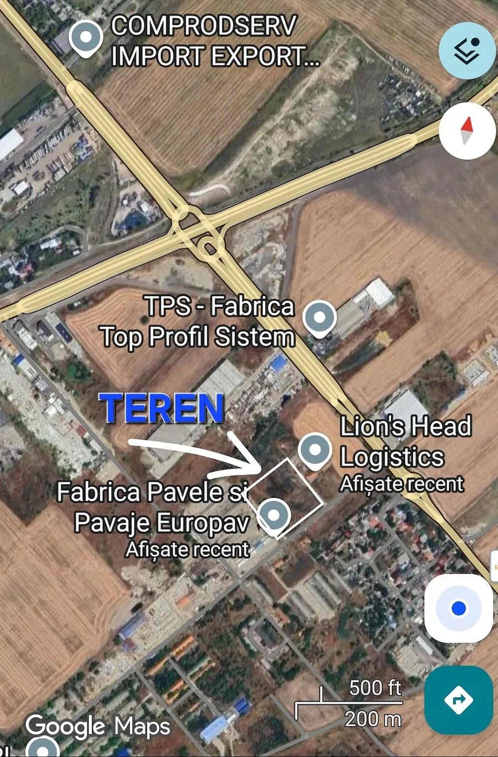 Vand teren 130 euro mp suprafaţă 2500mp intravilan curent 220 - 380 zone betonate hale pe teren 564m