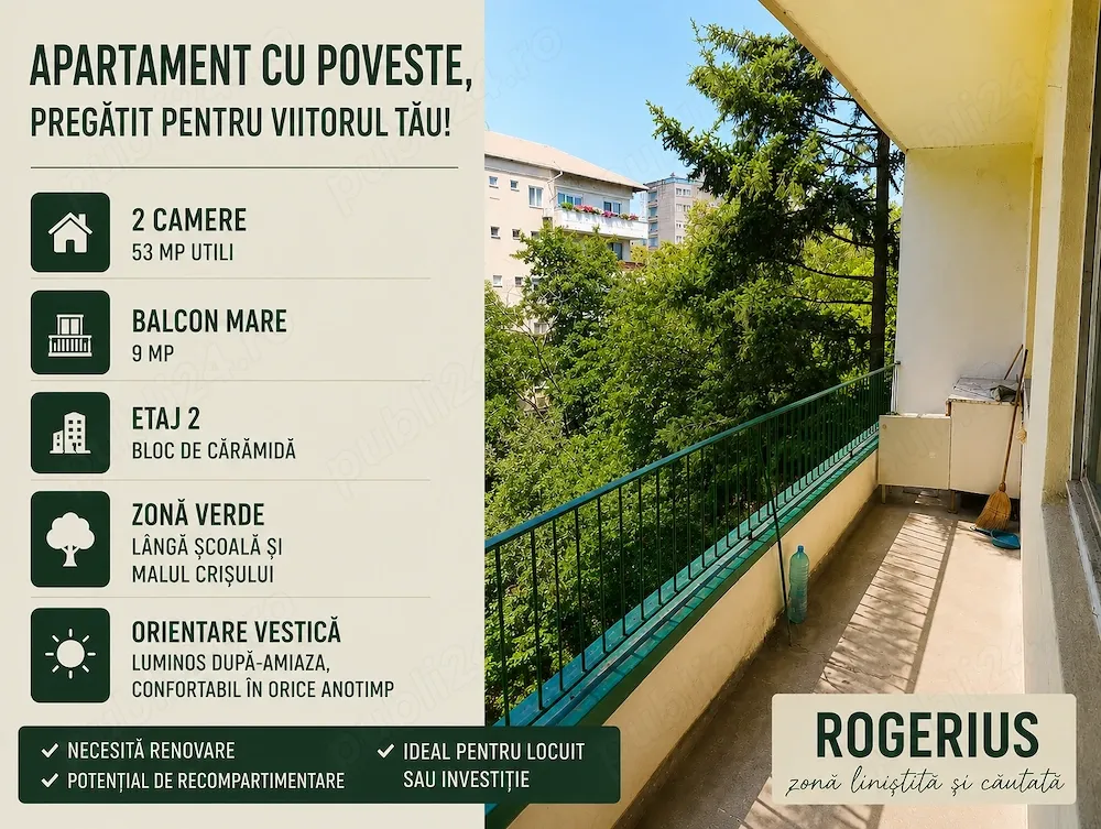 Apartament 2 camere de vânzare   Rogerius, zonă verde și liniștită