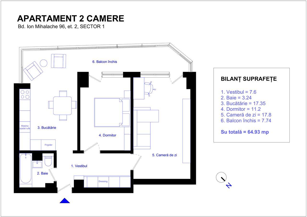 Închiriere apartament 2 camere – Ion Mihalache / Domenii S1