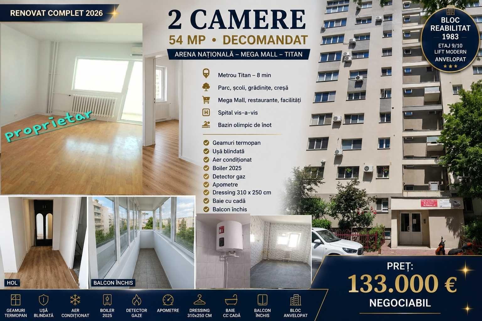 Apartament dec 2 camere, 54 mp, renovat complet 2026/1983 | Arena Națională – Mega Mall - Metrou 8 min