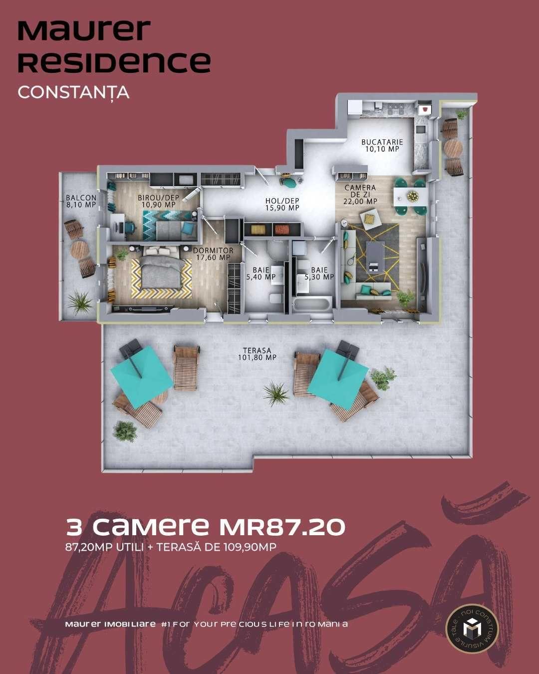Penthouse cu terasă de 110 mp – 3 camere | Etaj 9 | Predare la cheie