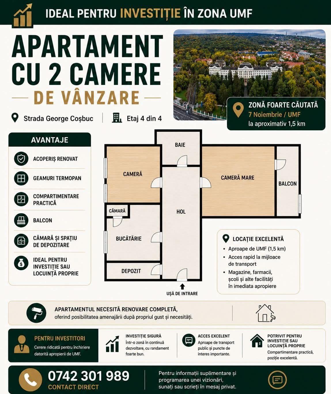 Apartament 2 camere cu balcon | Str. George Coșbuc | Aproape de UMFST | Necesită renovare completă | Etaj 4/4