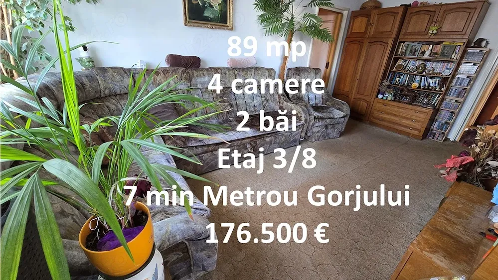 4 camere, 89 mp, Etaj 3 8, parcare, 7 min Metrou Gorjului, Comision 0%