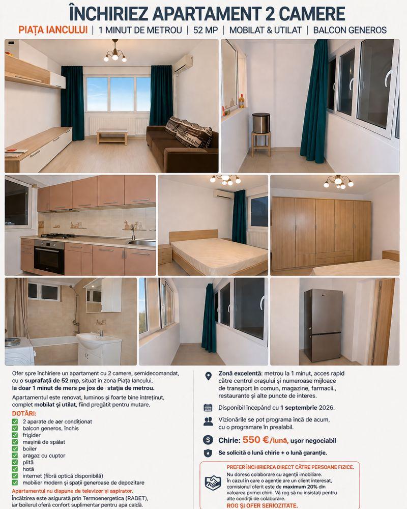Închiriez apartament 2 camere – Piața Iancului | 52 mp | 1 minut de metrou