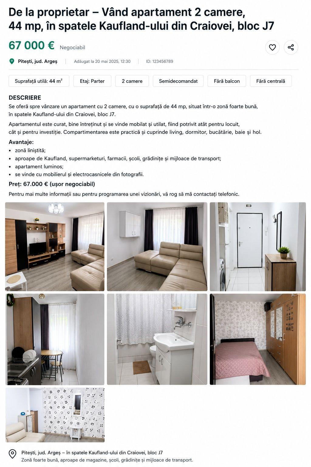 Apartament 2 camere, 44 mp ,Craiovei spatele Kaufland / Proprietar