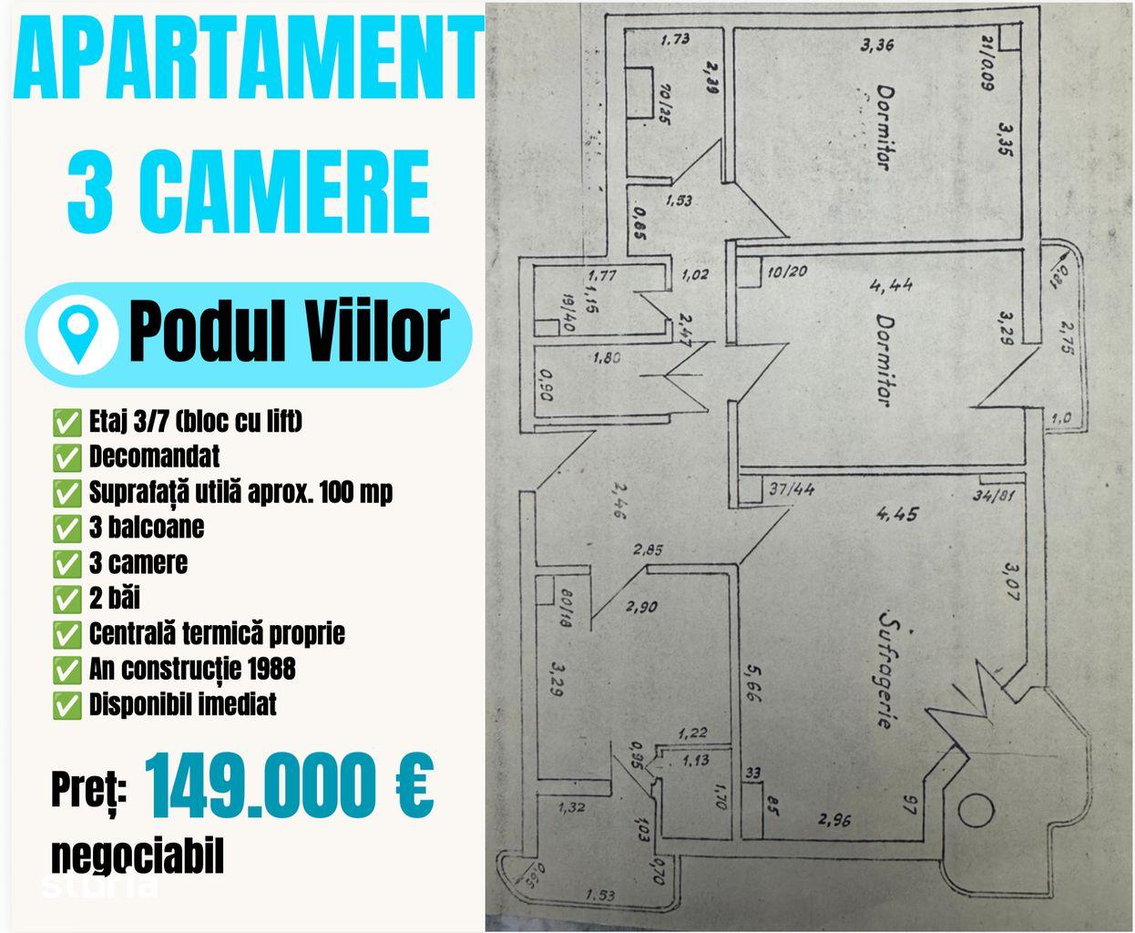 Podul Viilor, 3 camere, 3 balcoane, 2 bai, centrala disponibil imediat