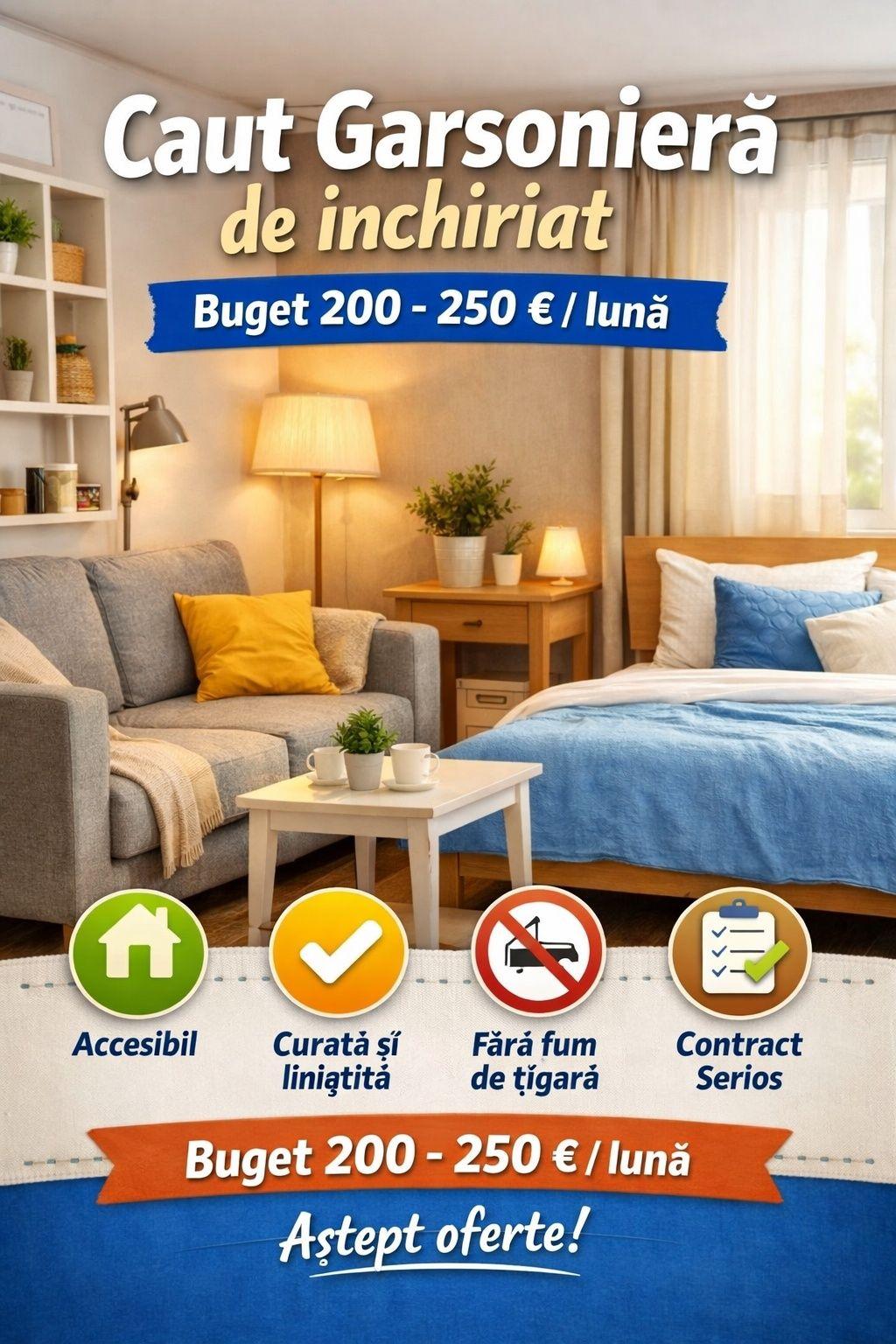 Caut garsonieră de închiriat, buget 200–250 € - imagine 1