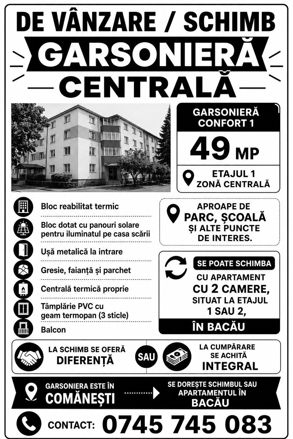 Garsonieră centrală Comănești  de VÂNZARE sau SCHIMB cu apartament în Bacău - imagine 1