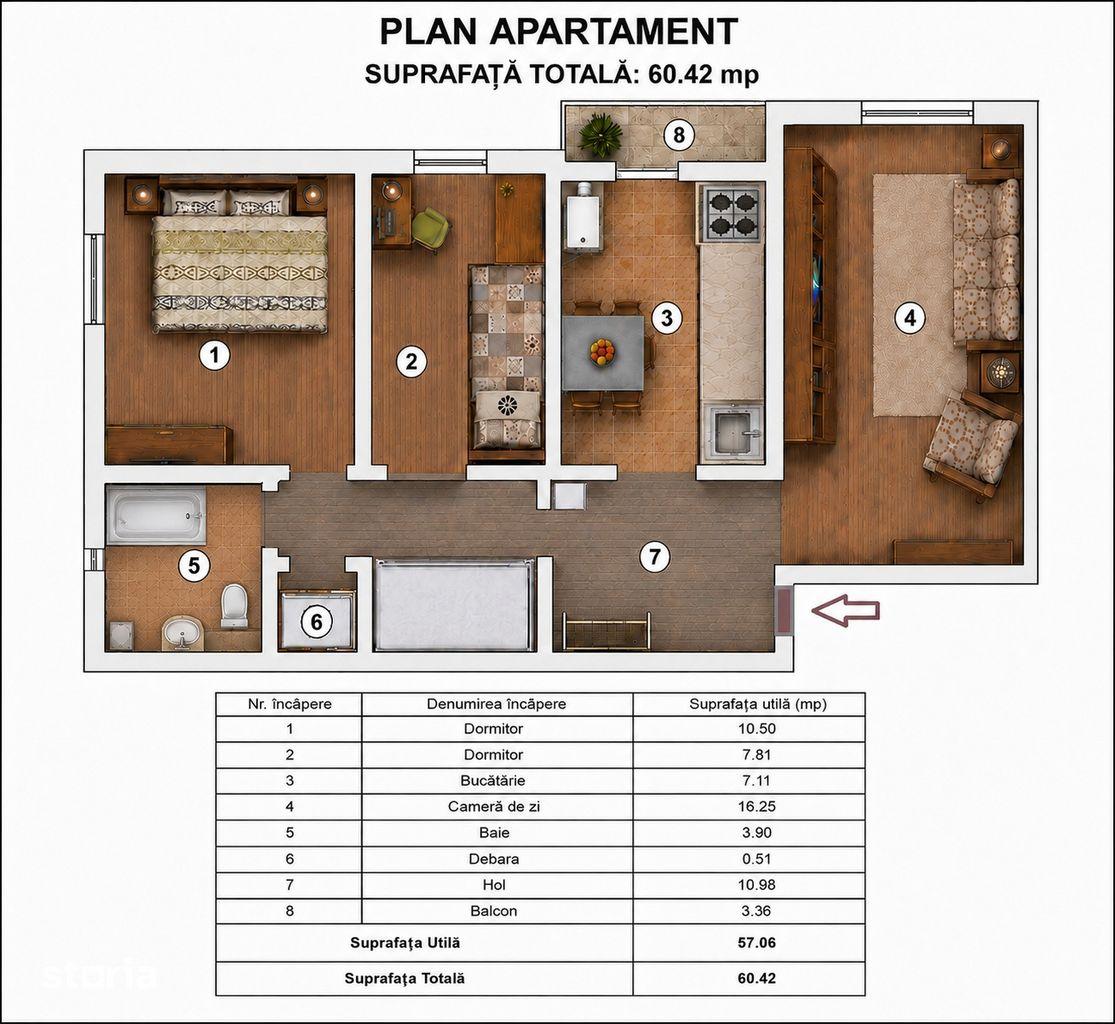 Proprietar – 3 camere decomandat, 57 mp, mobilat, lângă Lidl Galata - imagine 1