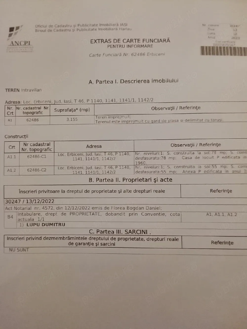 Vând teren intravilan intabulat cu casa bătrânească