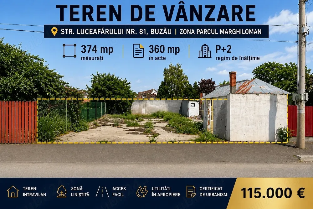 Teren intravilan de vânzare 374 mp | Str. Luceafărului nr. 81 | Zona Parcul Marghiloman | BUZAU - imagine 1