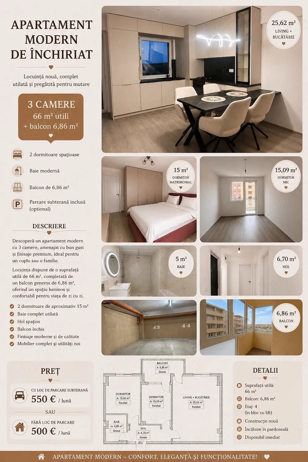 Închiriez apartament cu 3 camere în cartierul Fiald.