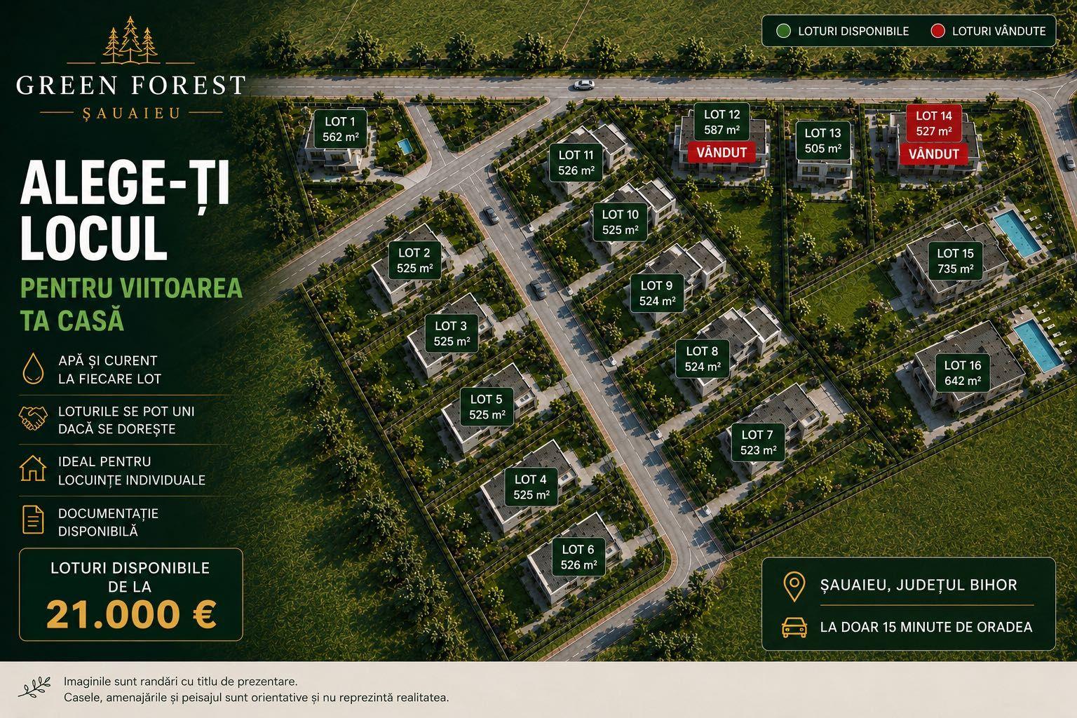 Terenuri de la 525 mp Șauaieu, 15 min Oradea | Proprietar | Curent + Apă | 21.000 €