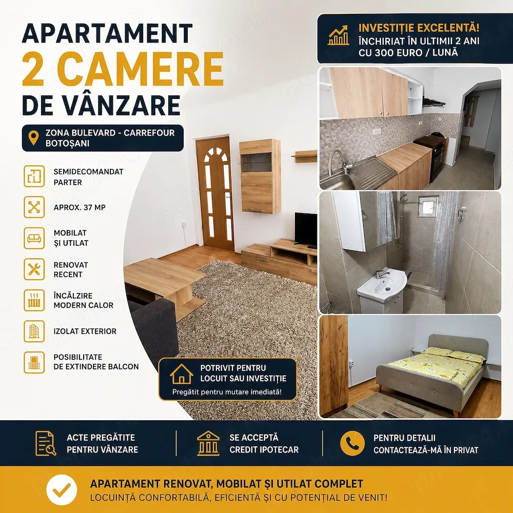 Vand Apartament 2 camere | Parter | Bulevard Carrefour Botoșani | Ideal investiție