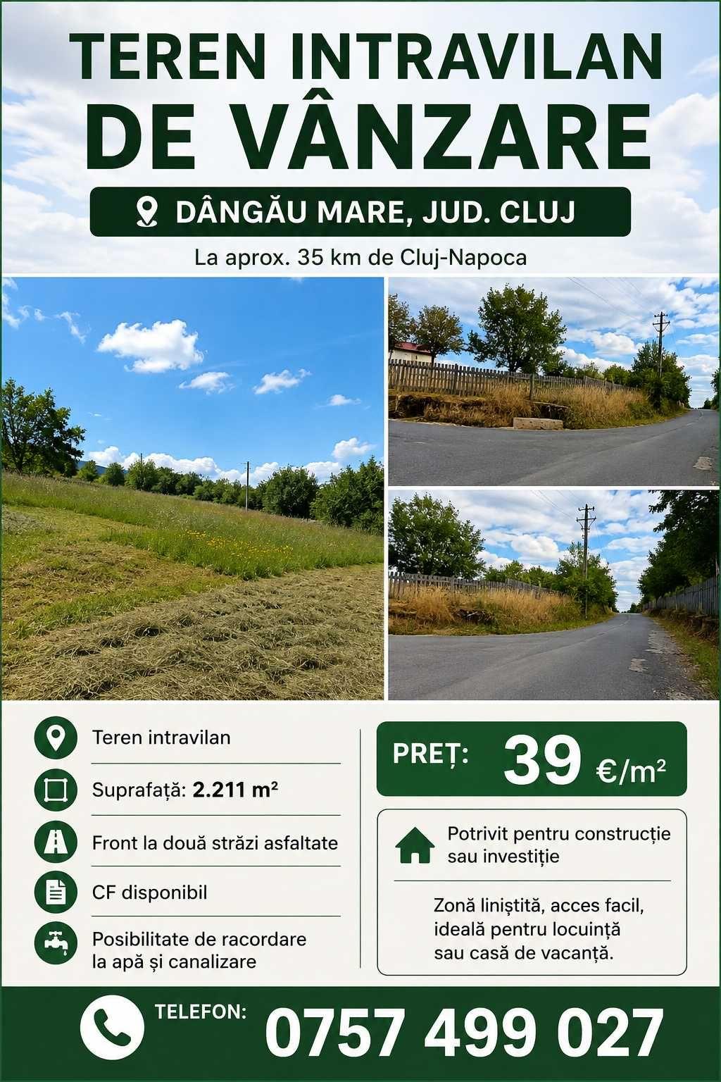 Teren intravilan cu CF la aprox. 35 km de Cluj-Napoca