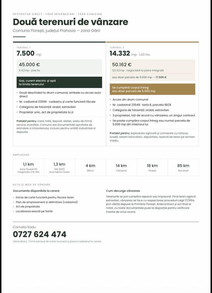 Teren Florești Prahova — 7.500 mp cu utilități + 14.332 mp, zona Gării
