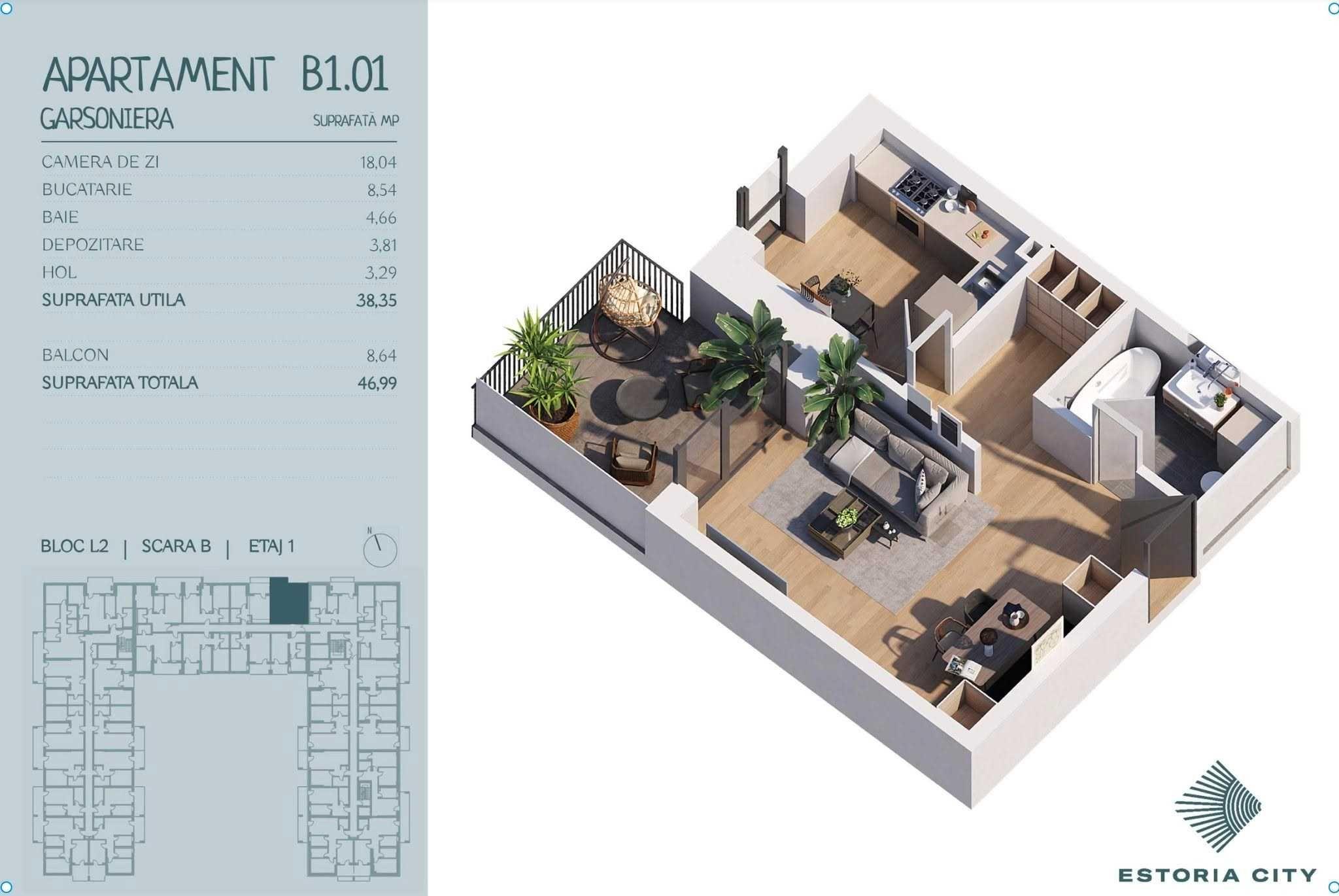 Garsonieră Estoria City, zona Pallady, 42mp