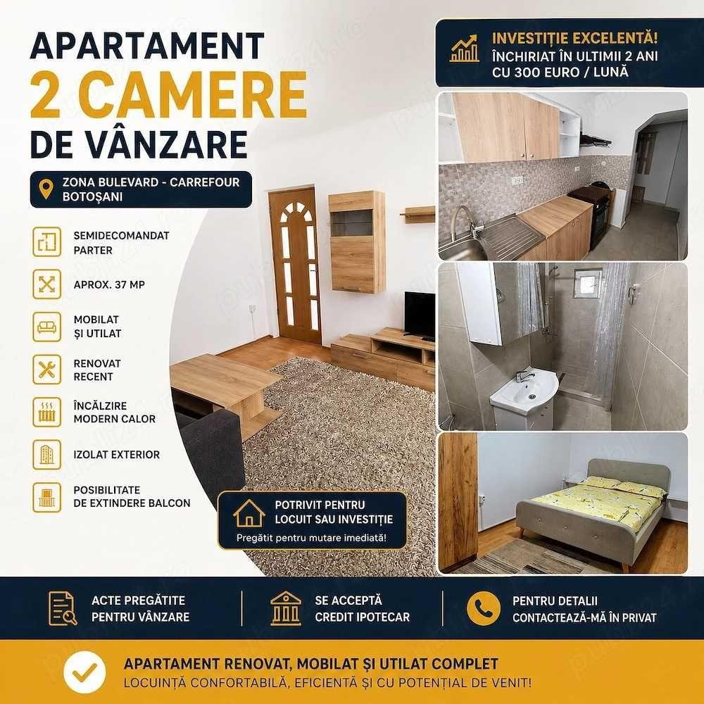Vand Apartament 2 camere | Parter | Bulevard Carrefour Botoșani | Ideal investiție