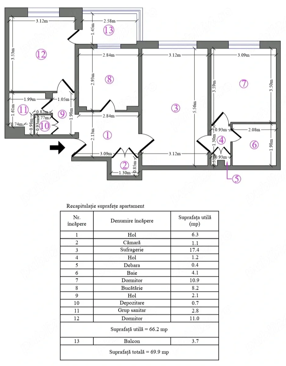 Proprietar vand partament 3 camere, 2 bai, 69 mp util, Etaj 1 8   Zona Mega Mall