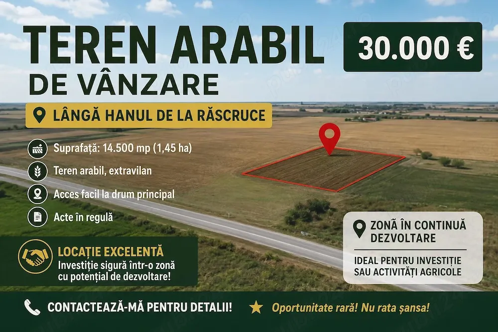 Vand Teren Arabil Langa Hanul rascruce Arad 1,45 Ha - imagine 1