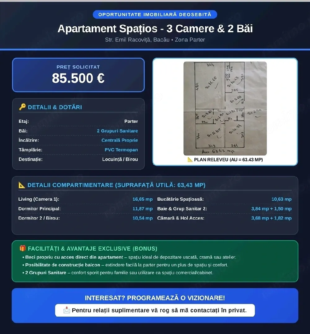 Apartament central, 3 camere decomandate