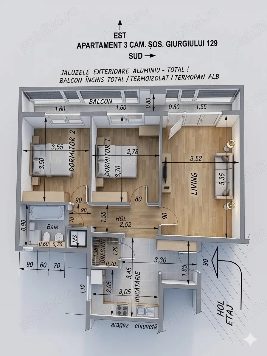 Apt. 3 camere decomandat 70mp Sos.Giurgiului 129 bl.2A, sector 4