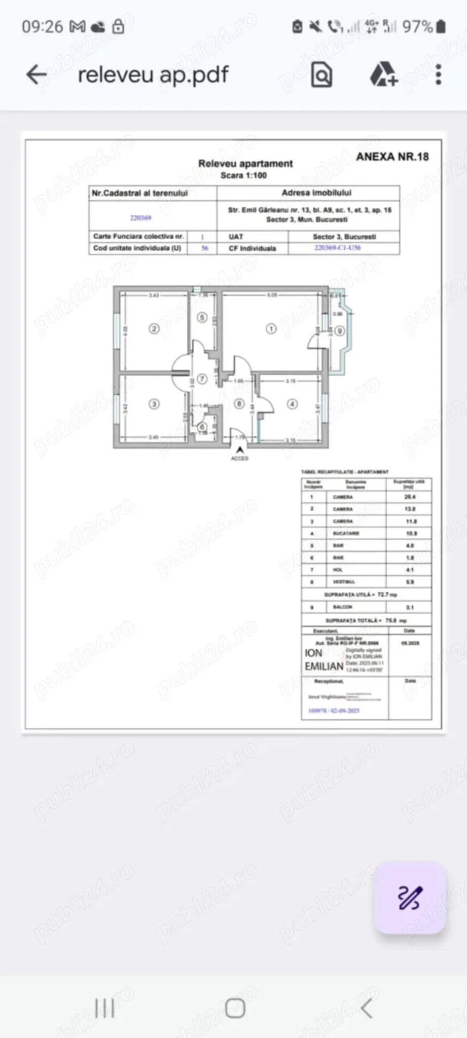 Vand apartament  cu 3 camere