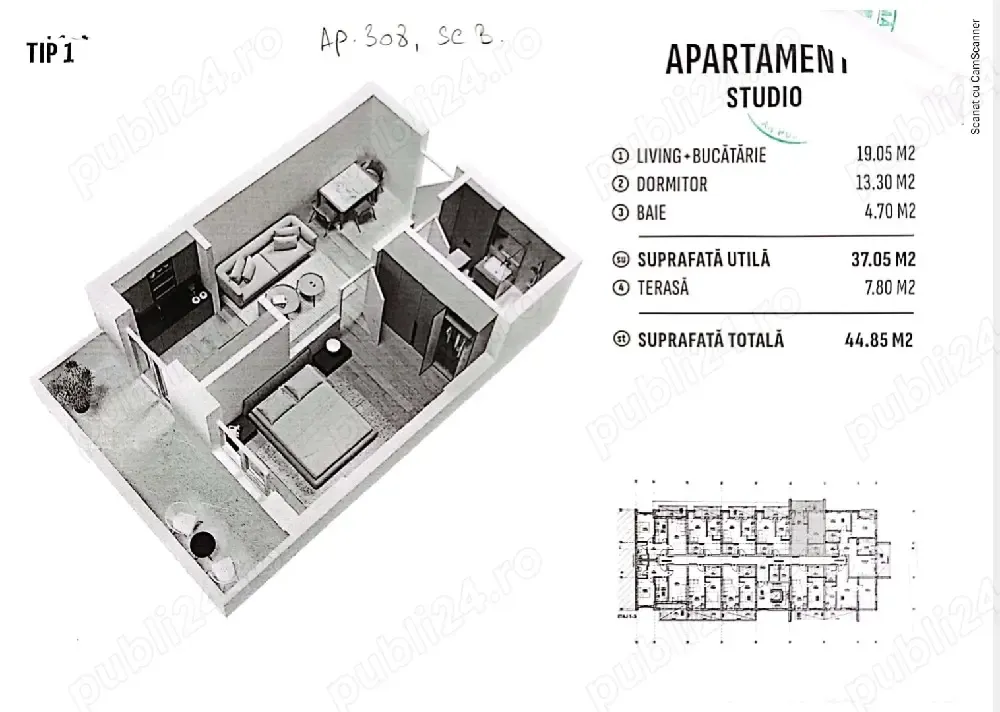 Vând sau Schimb Studio 45 m2 cu Parcare Cadastrată
