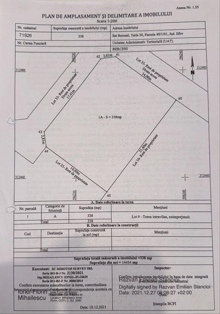 Vand teren intravilan ,338 mp,Com Berceni,in capatul str. Calugareni