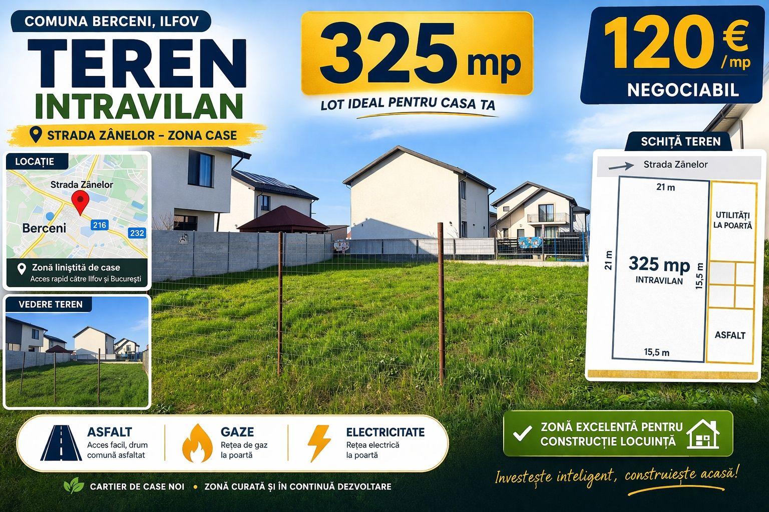 Teren Comuna Berceni intravilan 325 mp -  intre case, utilitati, asfalt, ingradit - imagine 1