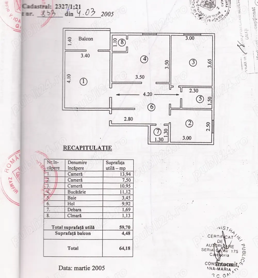 Vand apartament 3 Camere Decomandate, Baie cu geam, 64m2 , Mazepa