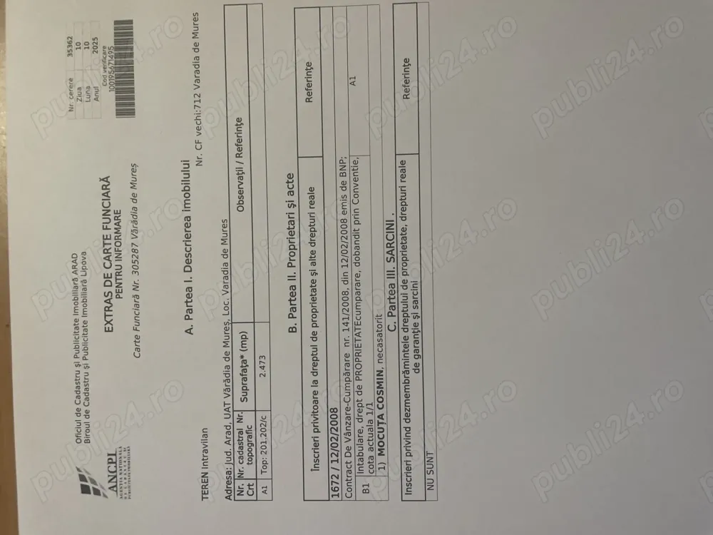 Vând loc casă Varadia de Mureș 2470 mp partea cu dealul