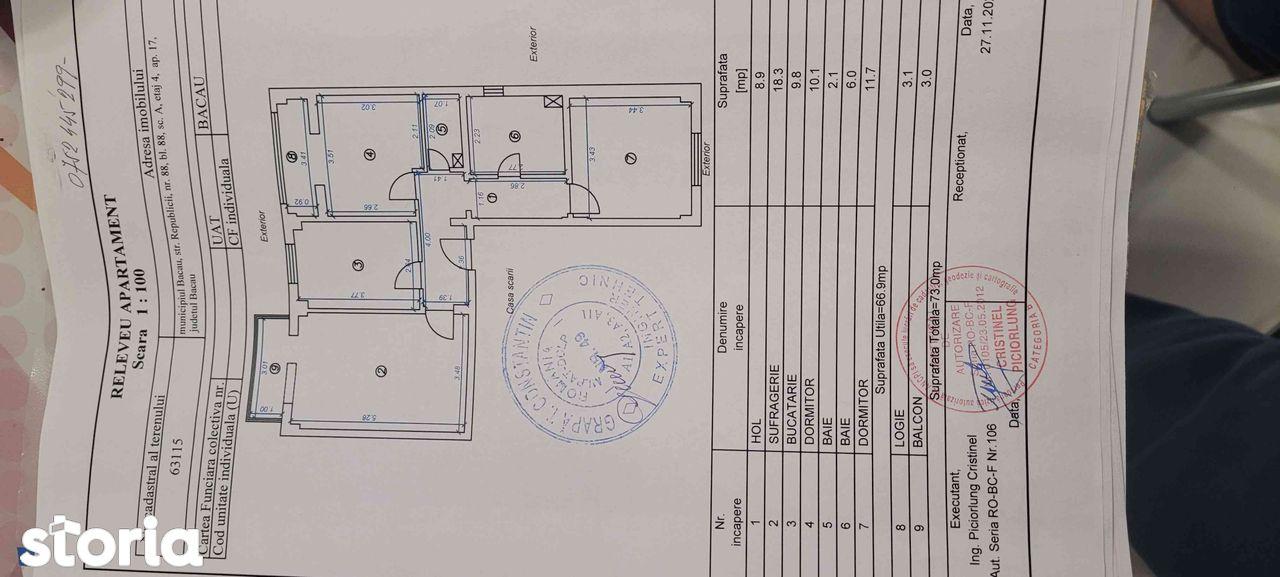 Apartament cu balcon, 3 camere, terasa la etajul 4