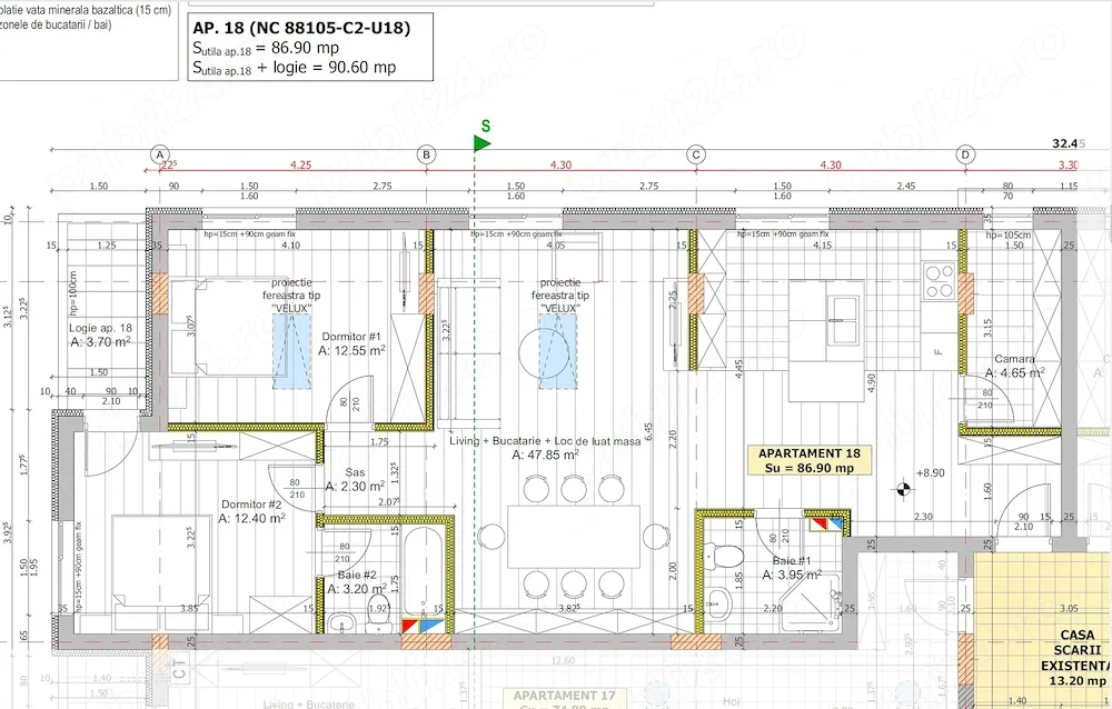 Vanzare apartament 3 cam. in amenajare 87mp la 91000 eur