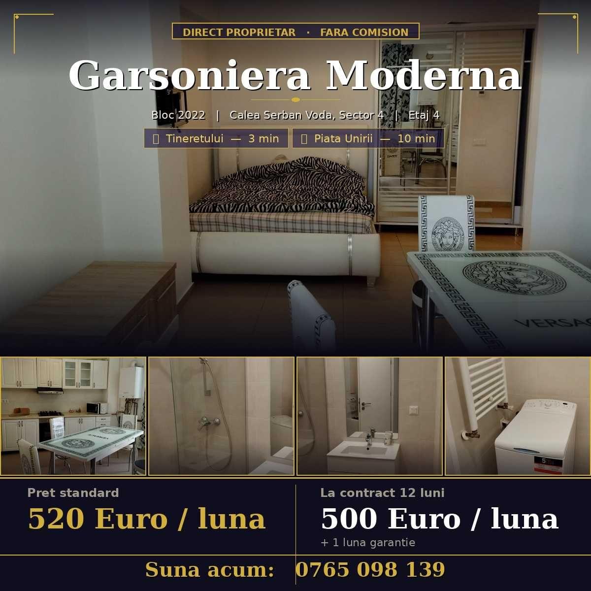 Garsonieră modernă de închiriat · Bloc 2022 · Metrou Tineretului 3 min · Direct proprietar