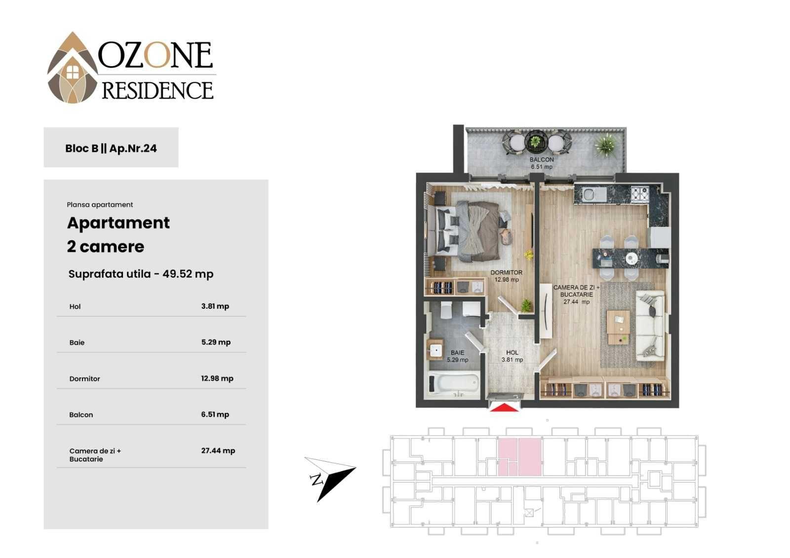 Ap. 2 camere Tractorul - Ozone Resedince – Bloc B, etaj 2, balcon, aproape Coresi