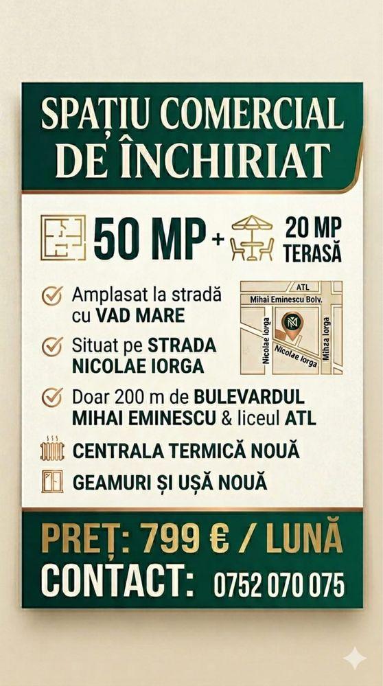 Spațiu Comercial Stradal (50 mp + 20 mp terasă) – Vad excelent, Str. Nicolae Iorga