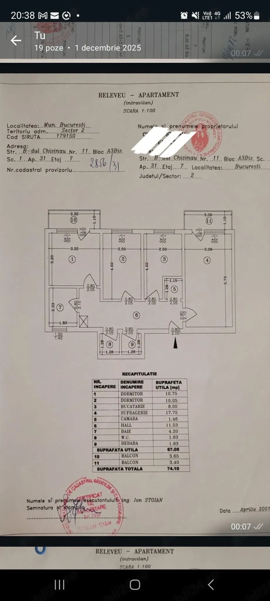 Apartament 3cam blv chisinau decomandat 75m2