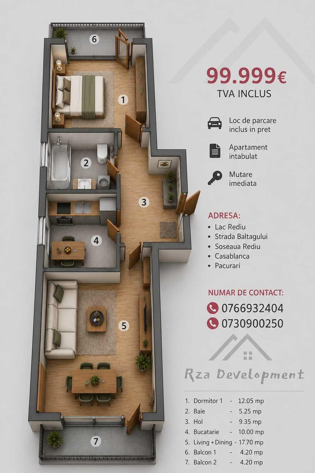 Apartament 58mp Lac Rediu Casablanca Pacurari Intabulat cu mutare imediata , comision 0% direct Dezvoltator ! Bloc nou !