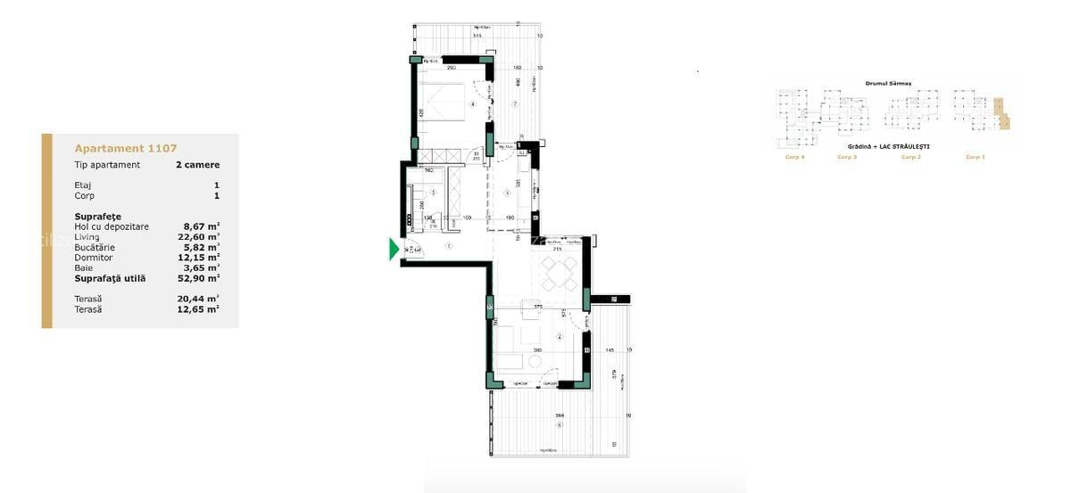 Apartament 2 camere 86 mp total | Terasă 20 mp cu vedere frontală lac Straulesti