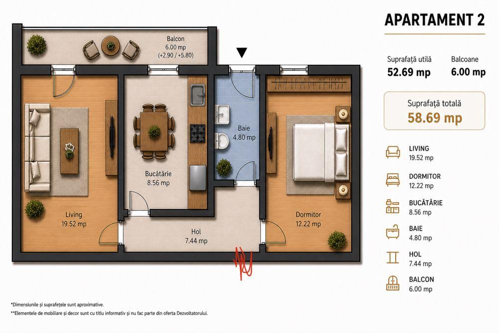 Apartament 2 camere 60 mp | Bloc Nou 2026 | Încălzire în pardoseală”