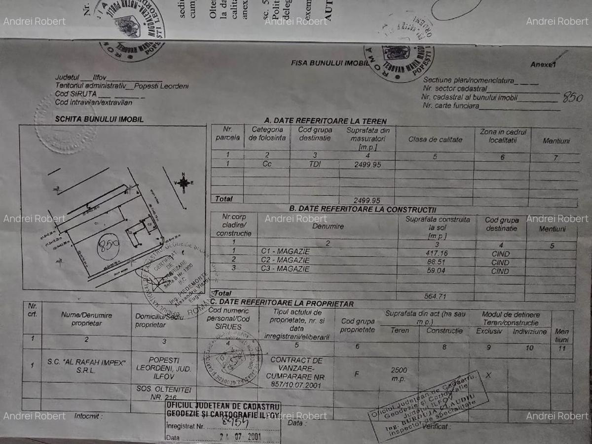 Vand teren intravilan suprafață 2500mp cu hale 564mp zona Popești-Leordeni