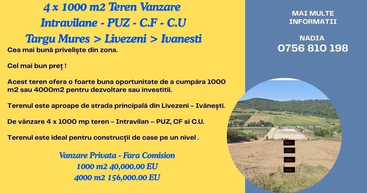 4 x 1000 mp Teren > Intravilane > PUZ, C.F, C.U. > Livezeni - Ivanesti
