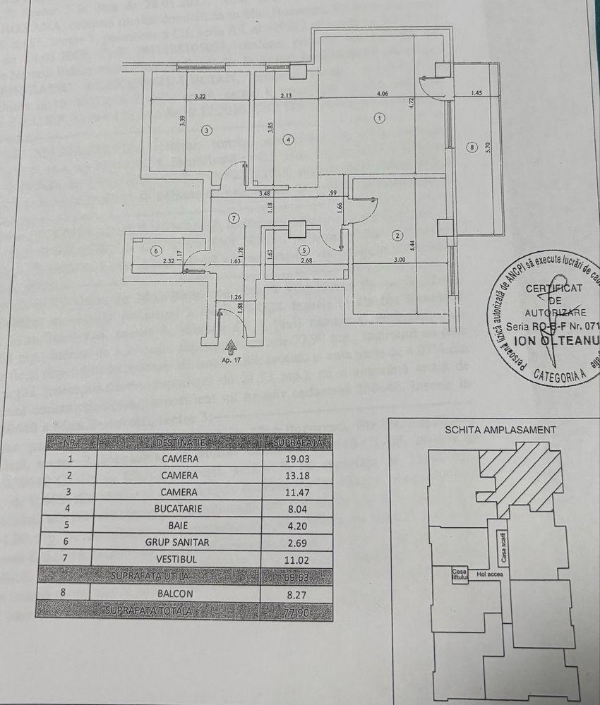Vand apartament cu 3 camere+ de parcare suprateran str. Malul Mierii