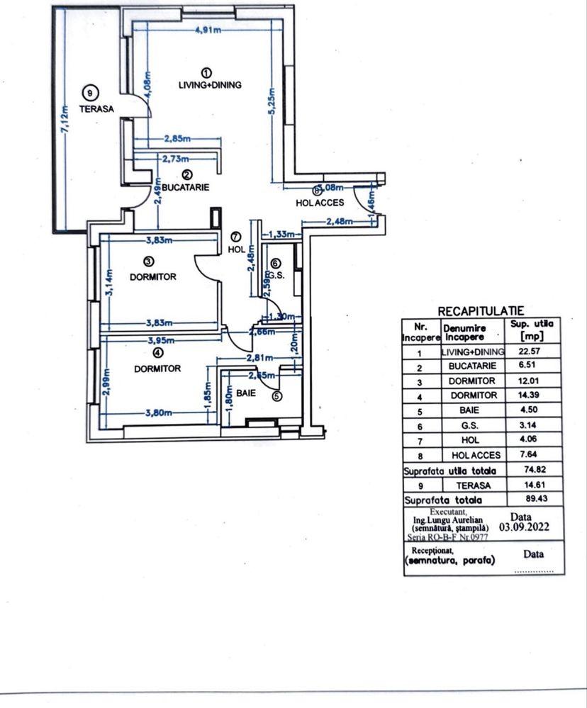 Apartament 3 camere, 2 bai, de inchiriat pe termen lung, nemobilat, loc de parcare subteran inclus.