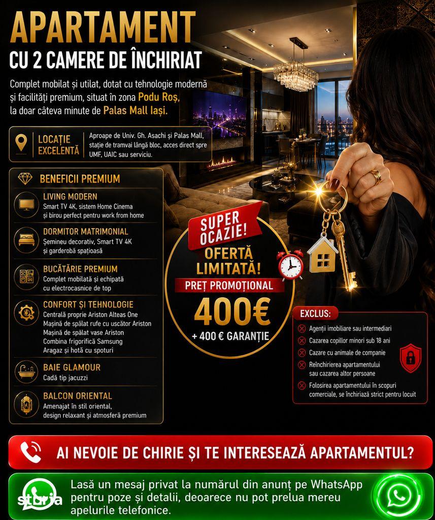 Inchiriez Apartament 2 Camere zona Podu Ros - Palas Mall Iași