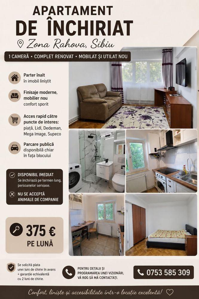 Ofer spre inchiriere apartament cu o camera Pta. Rahovei /  Sibiu