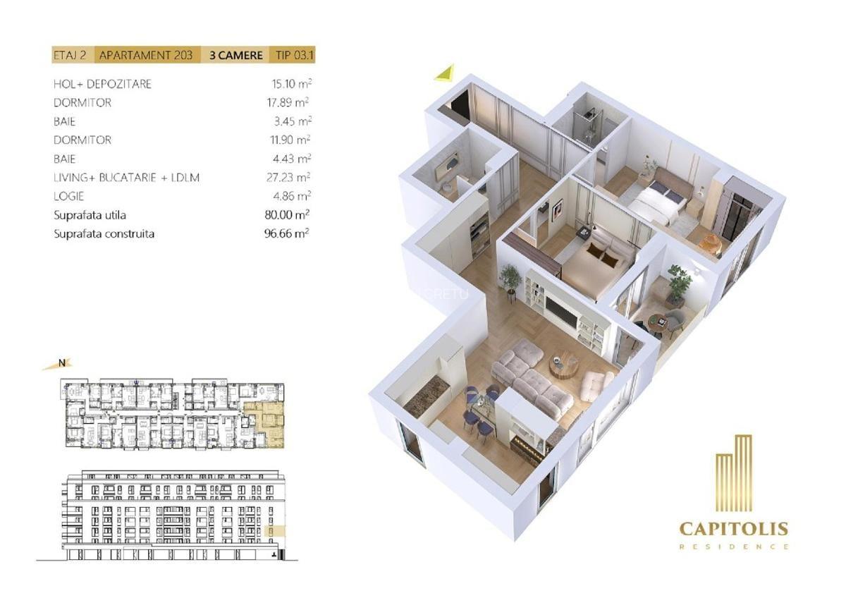 De vânzare  2 apartamente cu 3 camere în Capitolis Residence  Cartier Tractorul