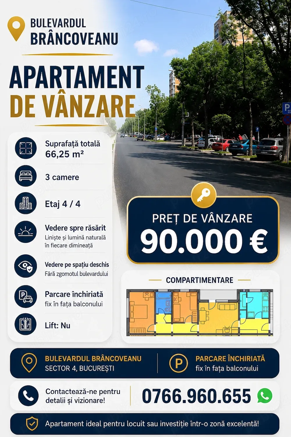 Apartament 3 camere pe Bulevardul Brancoveanu